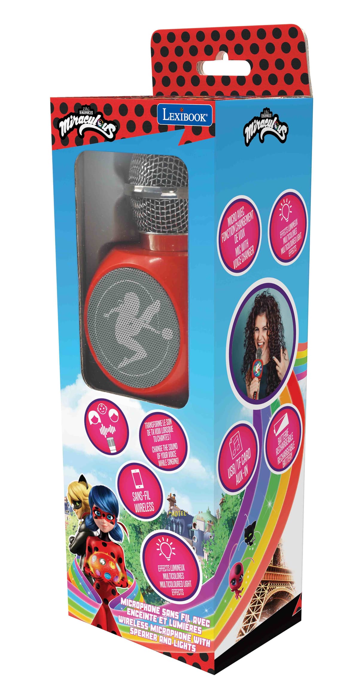 Micro Karaoké sans fil avec enceinte Bluetooth® intégrée Miraculous, avec effets lumineux et fonction changement de voix Micro Karaoké sans fil avec enceinte Bluetooth® intégrée Miraculous, avec effets lumineux et fonction changement de voix