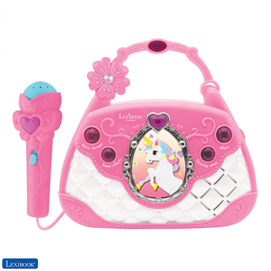 Lexibook Unicorn - Portable karaoke digital player for kids – Microphones,  Light effects, Bluetooth, Record and voice changer functions, Rechargeable  battery, Pink, MP320UNIZ 