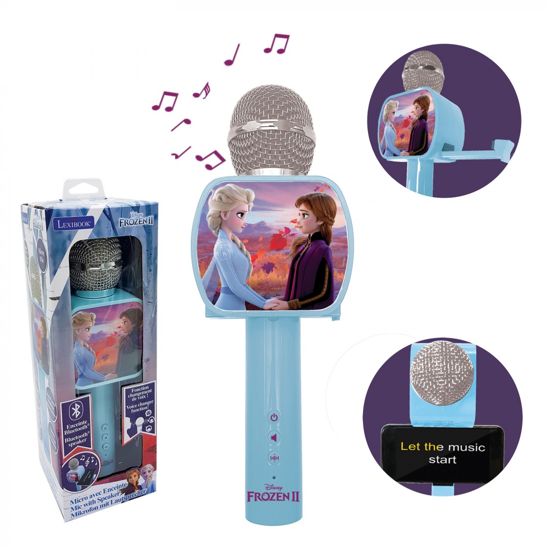Lexibook- Disney Microphone La Reine des Neiges 2 Elsa Anna Olaf avec  Enceinte et Pied Lumineux, Prise auxiliaire pour connecter la Musique,  Bleu/Violet, S150FZ_50 : : Jouets